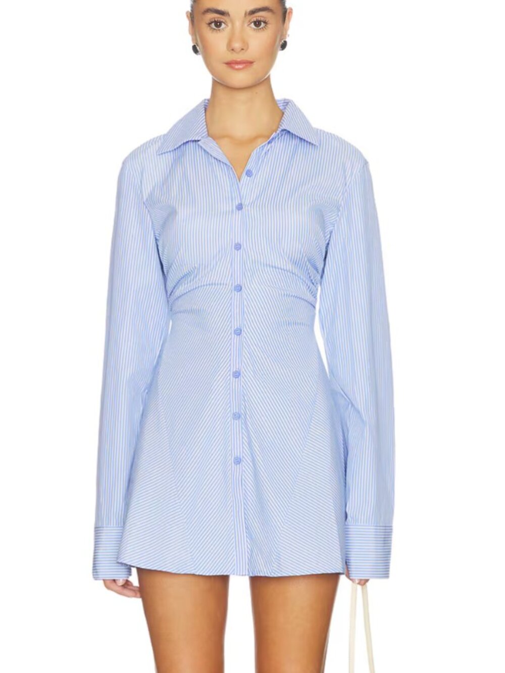 ALL THE WAYS Lane Button Up Mini Dress Blue Stripe White Pinstripe Long Sleeve